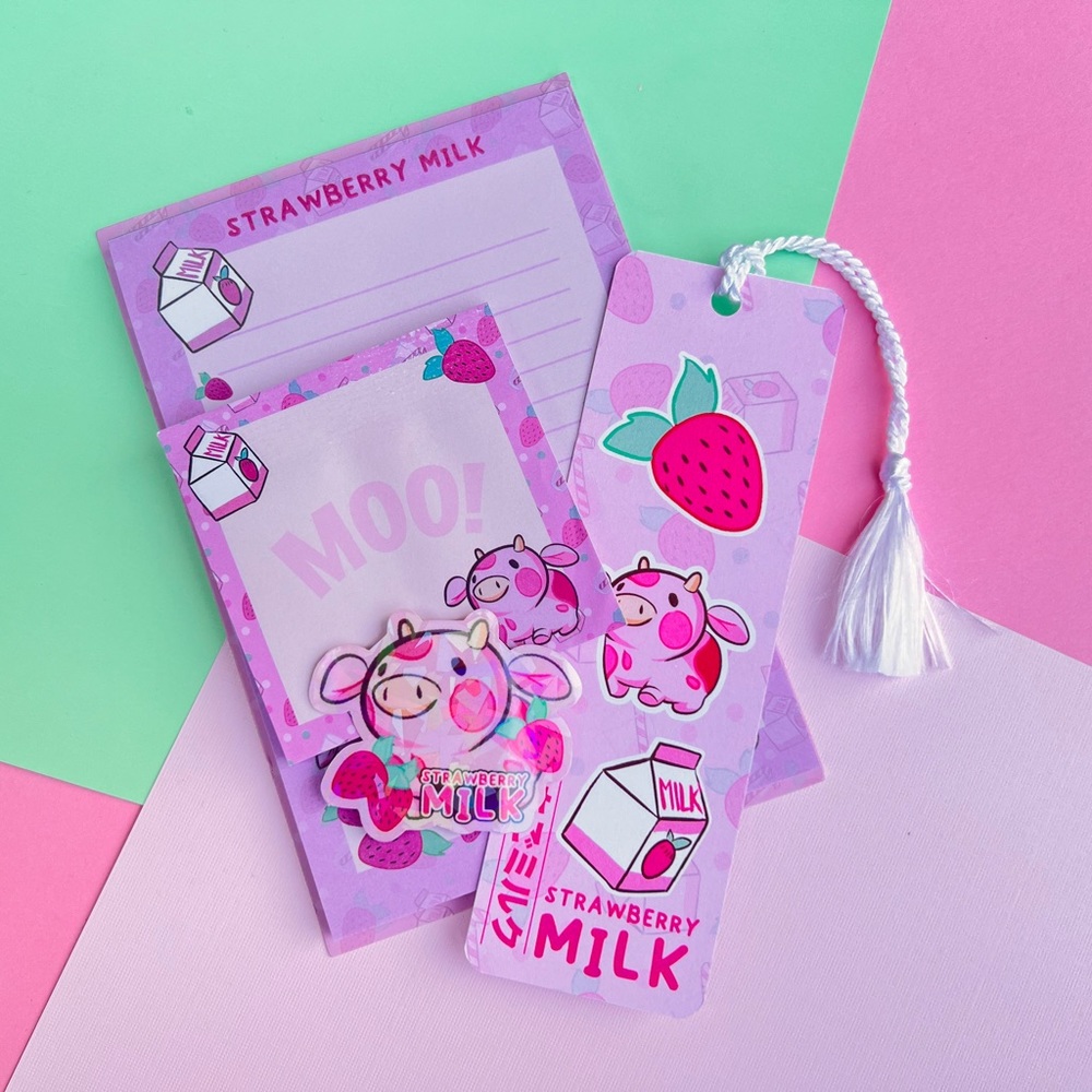 Strawberry Milk Cow Kawaii Stationery Bundle